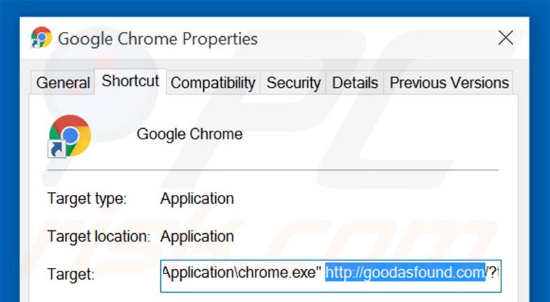 Removing goodasfound.com from Google Chrome shortcut target step 2