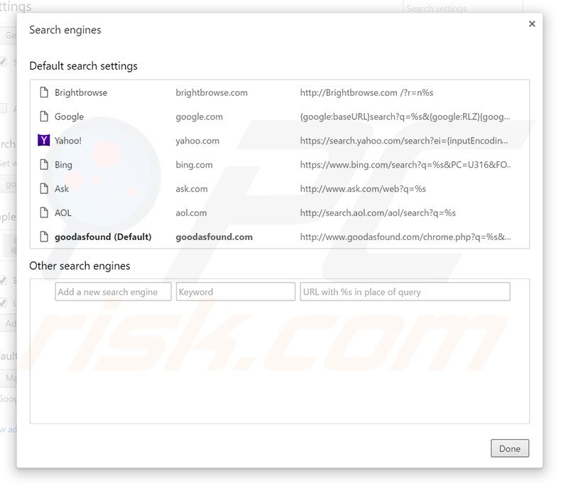 Removing goodasfound.com from Google Chrome default search engine