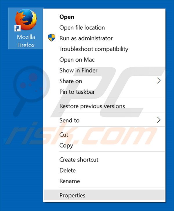 Removing goodasfound.com from Mozilla Firefox shortcut target step 1