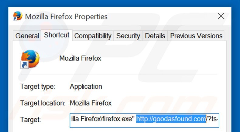 Removing goodasfound.com from Mozilla Firefox shortcut target step 2