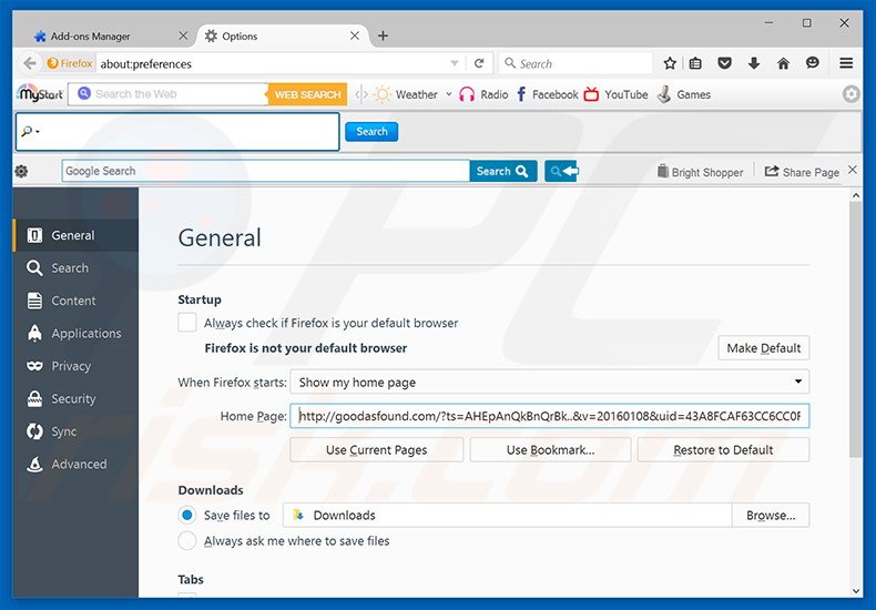 Removing goodasfound.com from Mozilla Firefox homepage