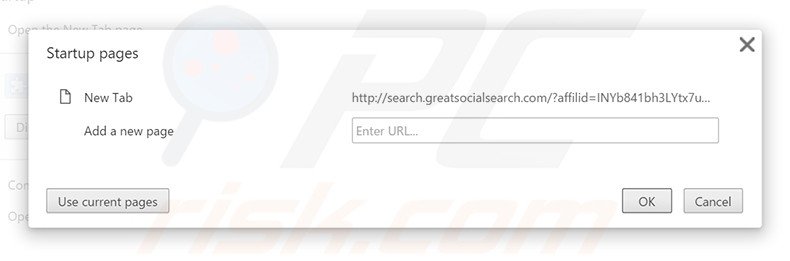Removing search.greatsocialsearch.com from Google Chrome homepage