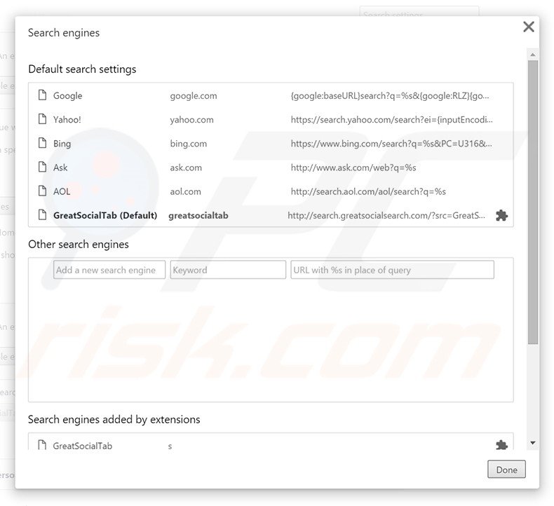 Removing search.greatsocialsearch.com from Google Chrome default search engine