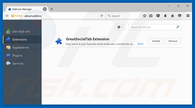 Removing search.greatsocialsearch.com related Mozilla Firefox extensions