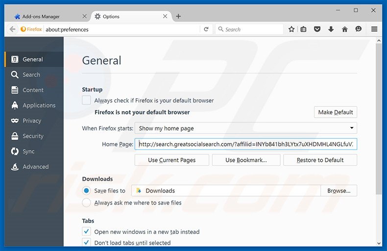 Removing search.greatsocialsearch.com from Mozilla Firefox homepage