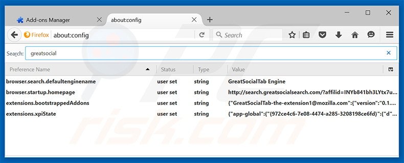 Removing search.greatsocialsearch.com from Mozilla Firefox default search engine