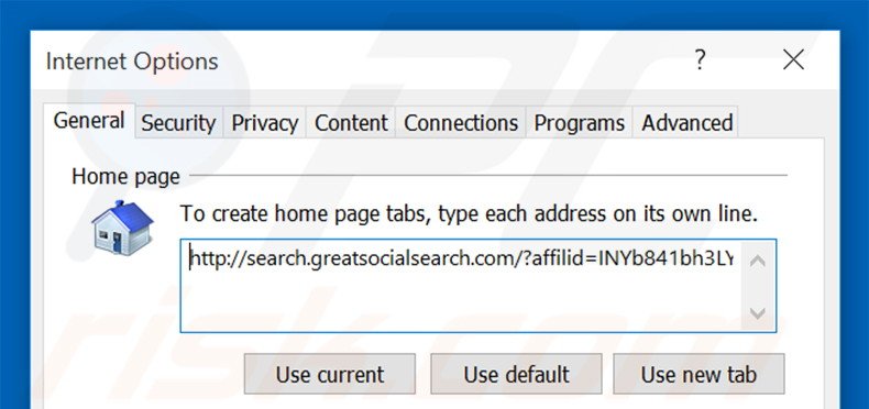 Removing search.greatsocialsearch.com from Internet Explorer homepage