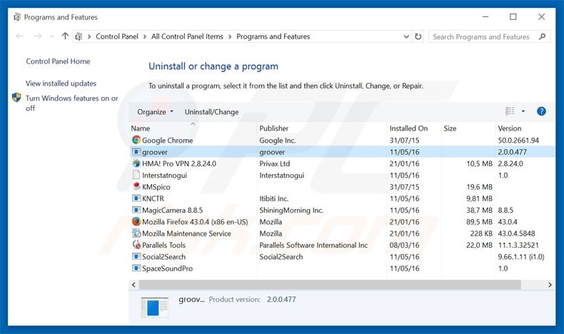 groover adware uninstall via Control Panel
