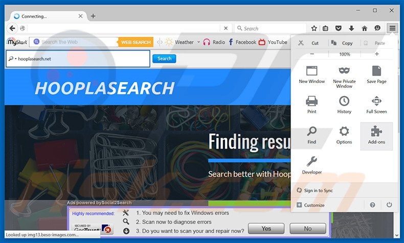 Removing HooplaSearch ads from Mozilla Firefox step 1