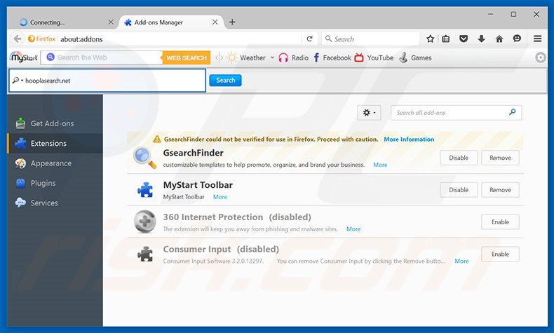 Removing HooplaSearch ads from Mozilla Firefox step 2