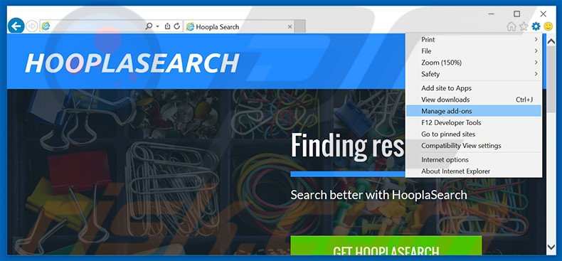 Removing HooplaSearch ads from Internet Explorer step 1