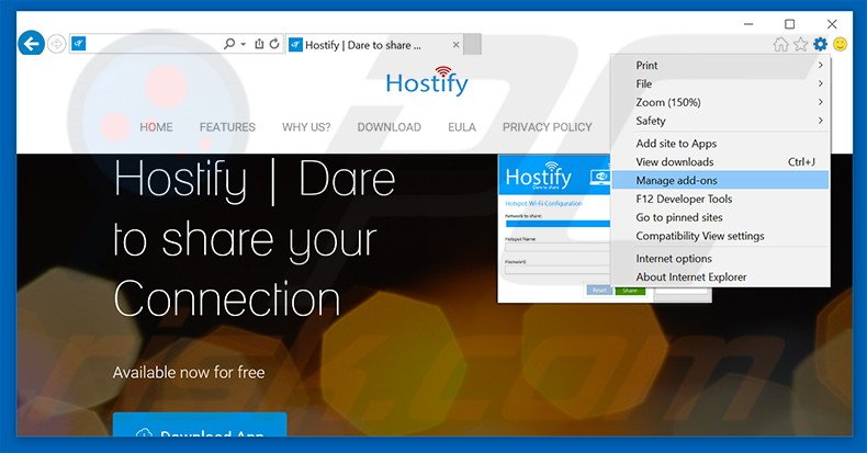 Removing Hostify ads from Internet Explorer step 1