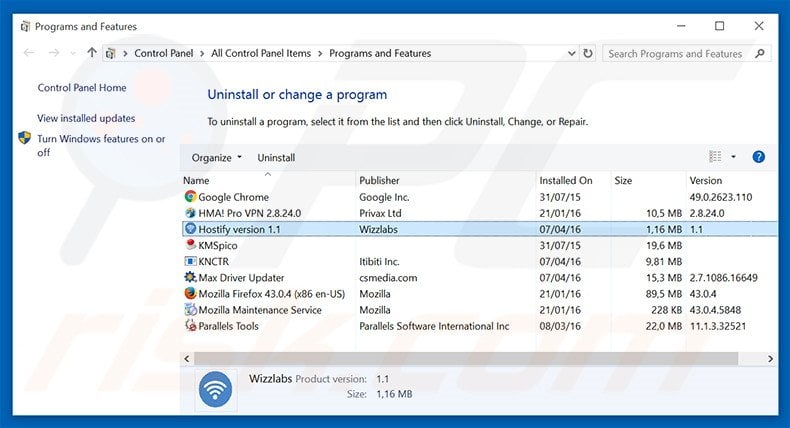 Hostify adware uninstall via Control Panel