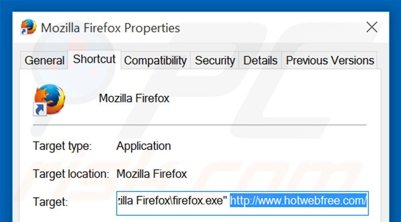 Removing hotwebfree.com from Mozilla Firefox shortcut target step 2