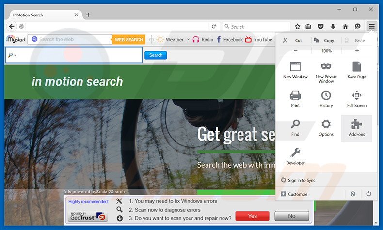 Removing in motion search ads from Mozilla Firefox step 1