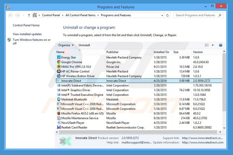 innovate direct adware uninstall via Control Panel