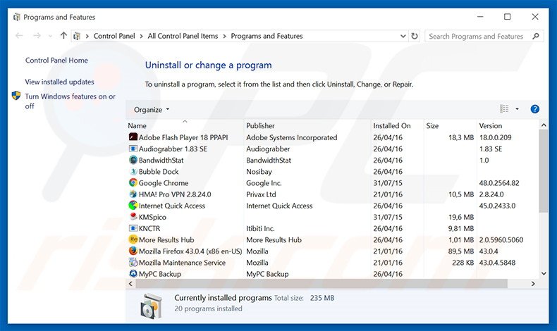 WeatherWidget adware uninstall via Control Panel