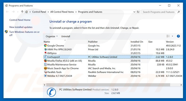 LiveSupport Toolbar adware uninstall via Control Panel