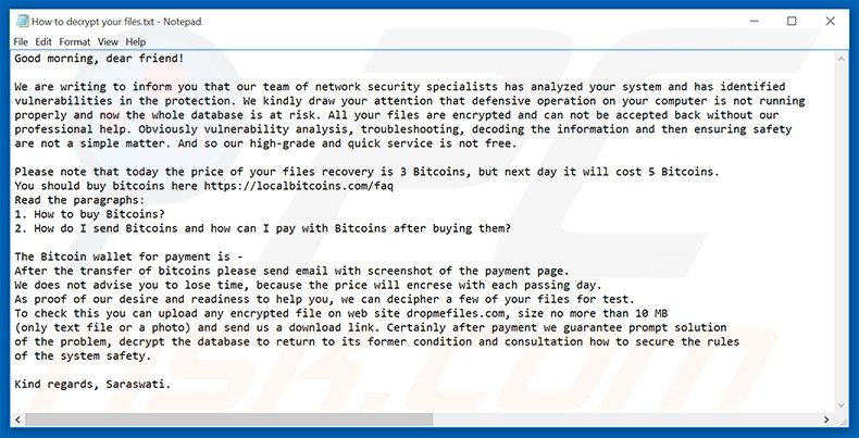 Mahasaraswati ransomware ransom-demanding message