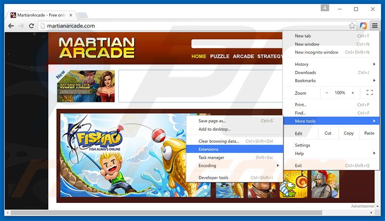 Removing Martian Arcade  ads from Google Chrome step 1