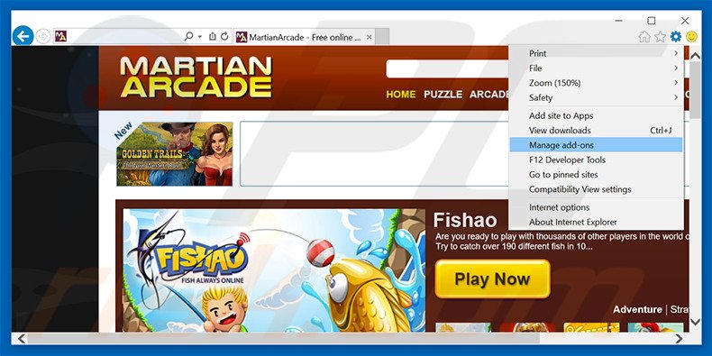 Removing Martian Arcade ads from Internet Explorer step 1