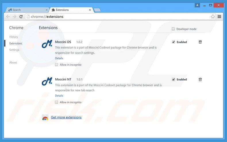 Removing Moccini related Google Chrome extensions