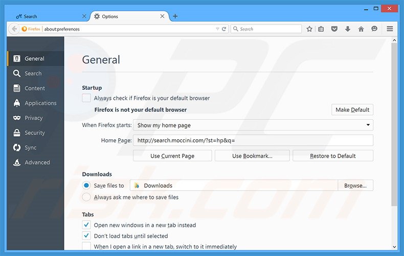 Removing Moccini from Mozilla Firefox homepage