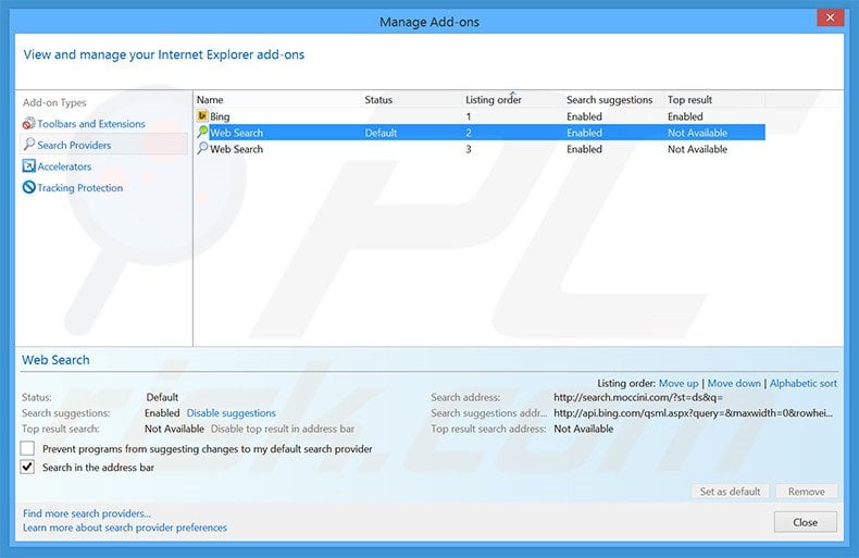 Removing Moccini from Internet Explorer default search engine