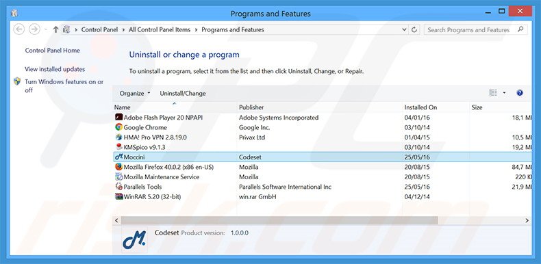 Moccini browser hijacker uninstall via Control Panel