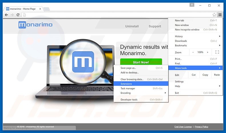 Removing Monarimo  ads from Google Chrome step 1