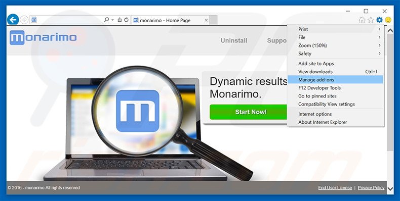 Removing Monarimo ads from Internet Explorer step 1