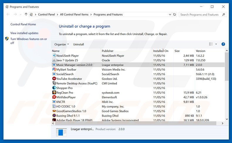 Music Manager adware uninstall via Control Panel