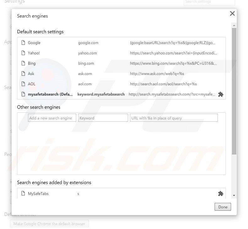 Removing search.mysafetabssearch.com from Google Chrome default search engine