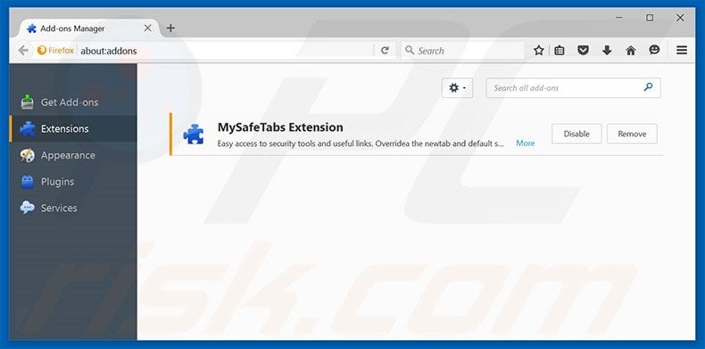 Removing search.mysafetabssearch.com related Mozilla Firefox extensions