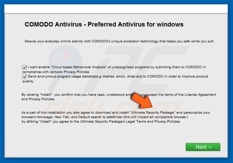 safefinder/com browser hijacker 'ultimate security package'