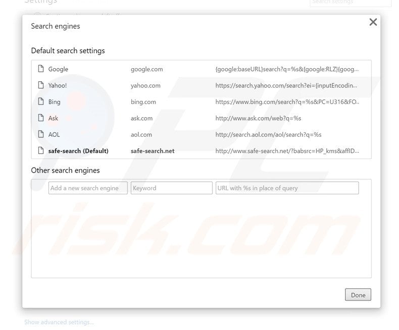 Removing safe-search.net from Google Chrome default search engine