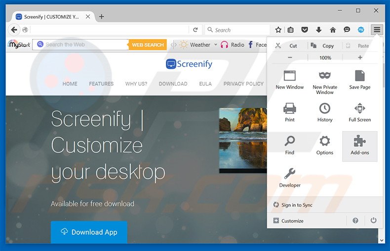 Removing Screenify ads from Mozilla Firefox step 1