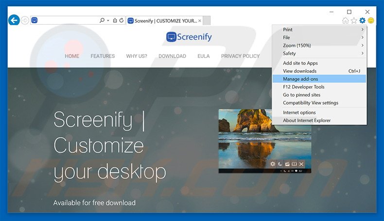 Removing Screenify ads from Internet Explorer step 1