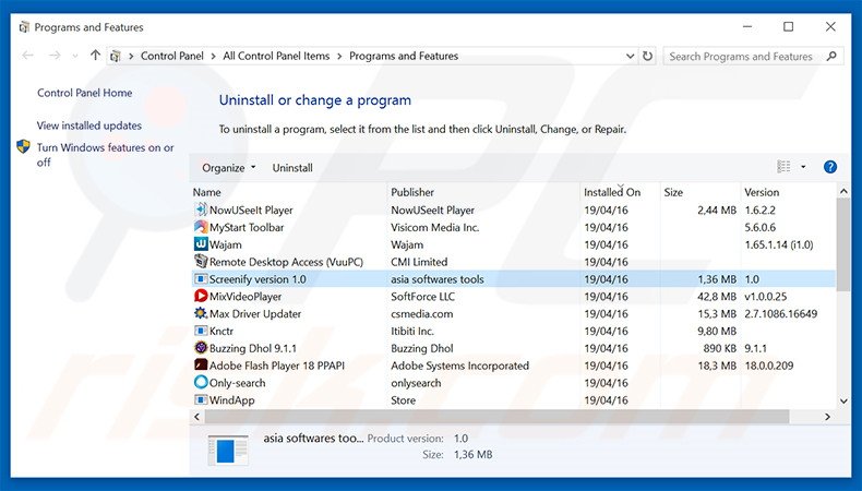 Screenify adware uninstall via Control Panel