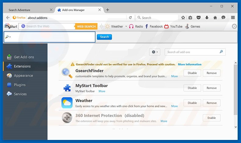 Removing Search Adventure ads from Mozilla Firefox step 2