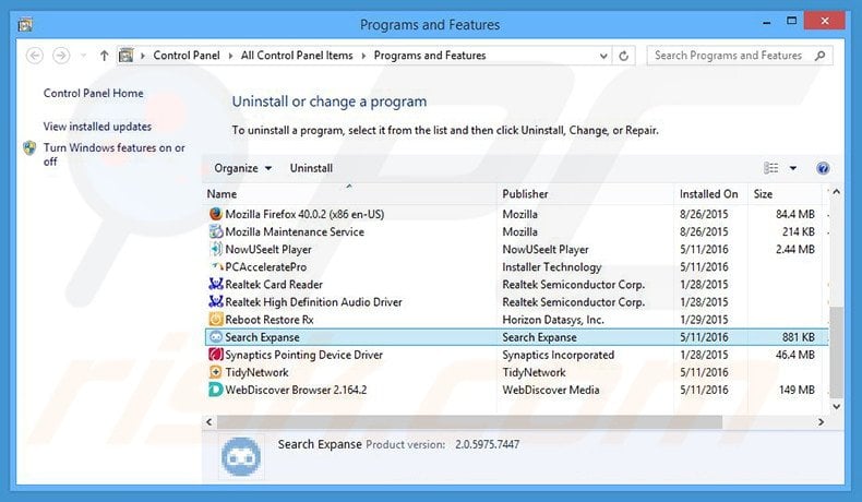 Search Expanse adware uninstall via Control Panel