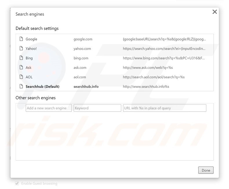 Removing searchhub.info from Google Chrome default search engine