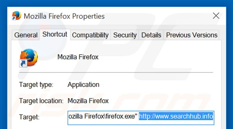 Removing searchhub.info from Mozilla Firefox shortcut target step 2