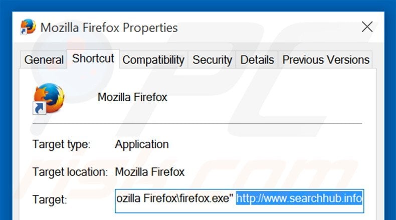 Removing searchhub.info from Mozilla Firefox shortcut target step 2