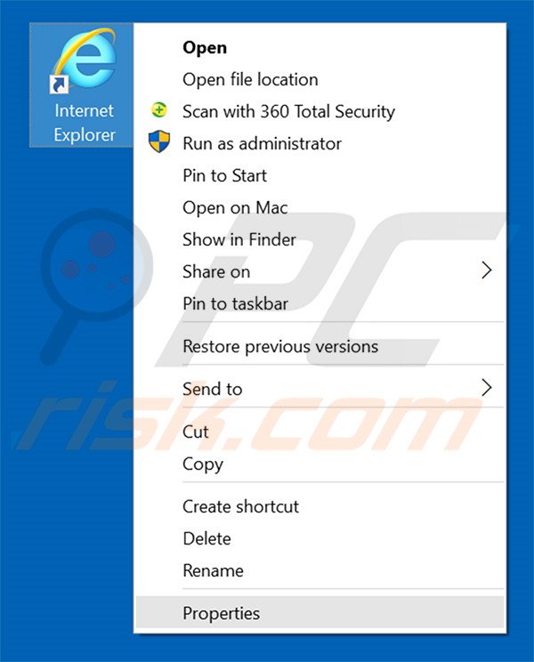 Removing searchhub.info from Internet Explorer shortcut target step 1