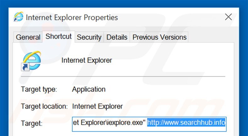 Removing searchhub.info from Internet Explorer shortcut target step 2