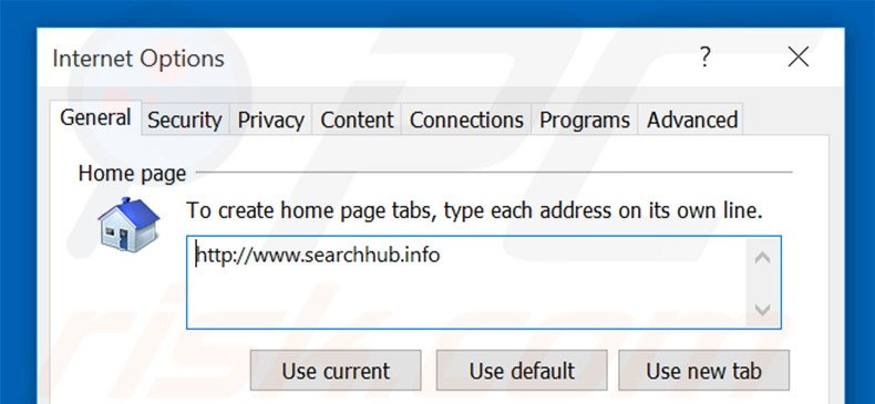Removing searchhub.info from Internet Explorer homepage