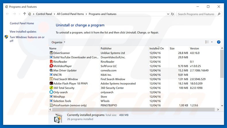 searchhub.info browser hijacker uninstall via Control Panel