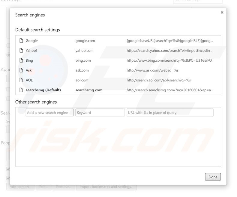 Removing search.searchsmg.com from Google Chrome default search engine