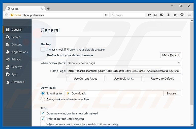 Removing search.searchsmg.com from Mozilla Firefox homepage